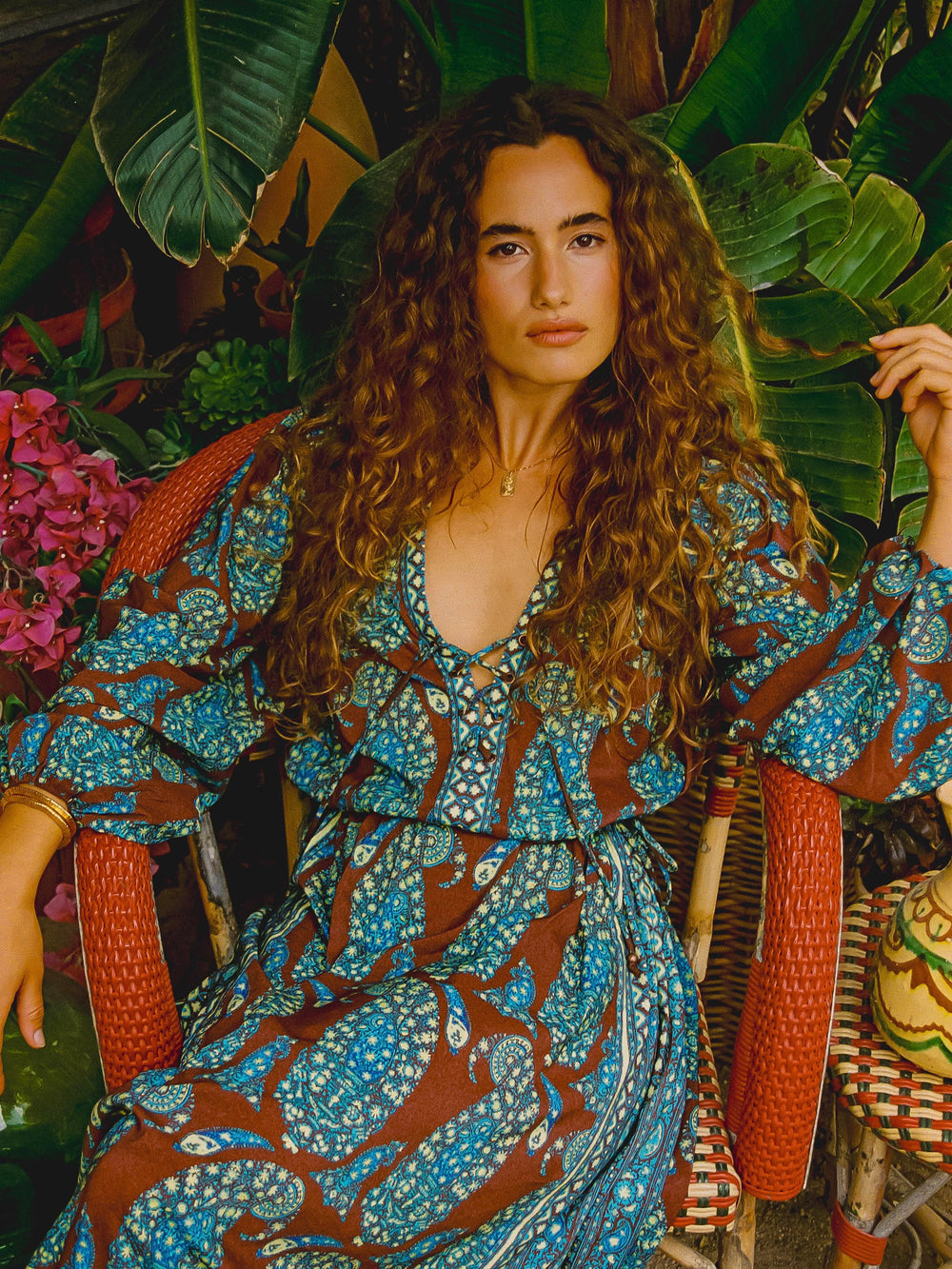 calico lace up maxi smock dress