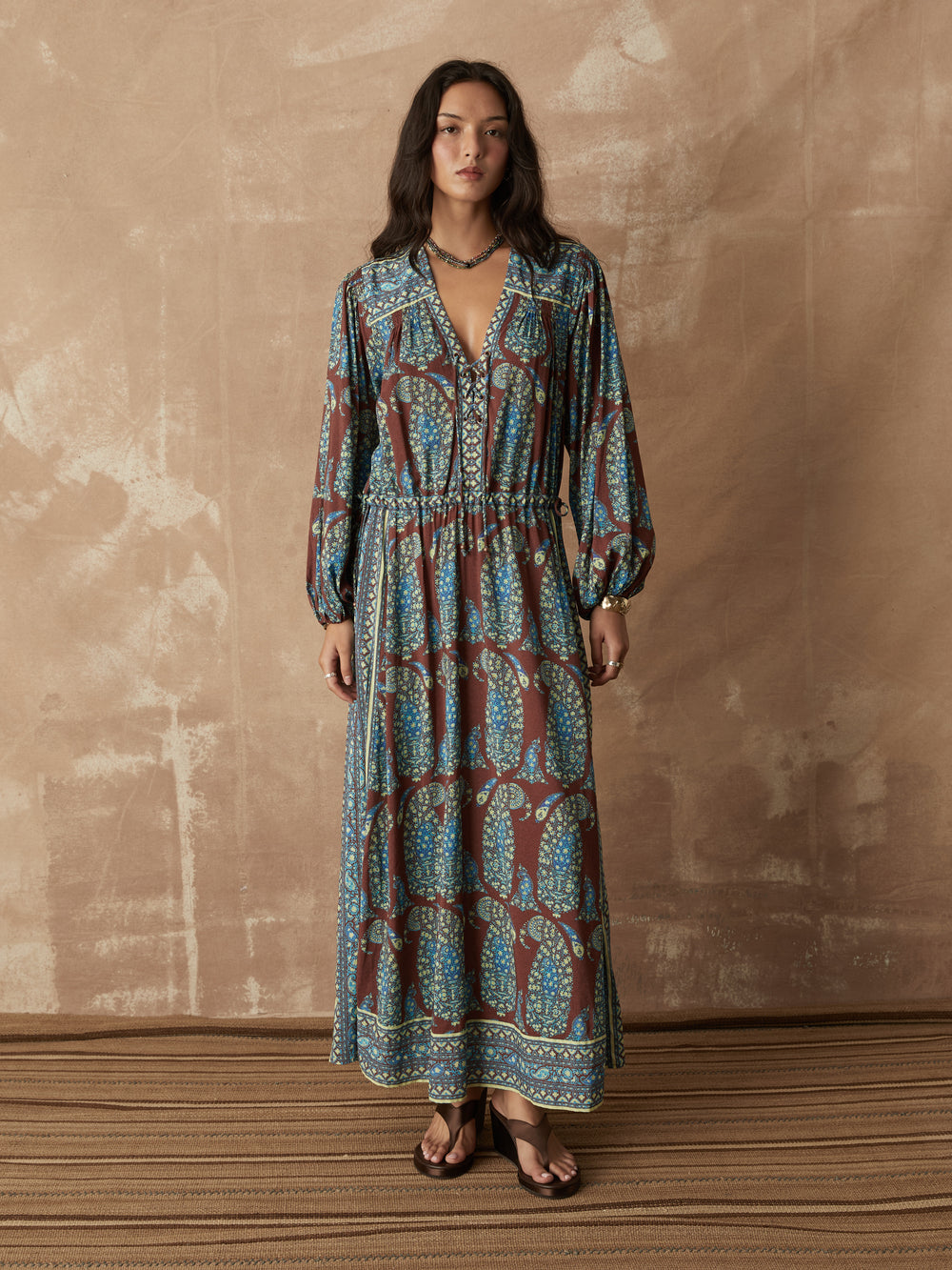 calico lace up maxi smock dress
